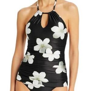 Lauren Ralph Lauren Floral Halter Tankini Top Black White Keyhole Size 8 New